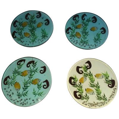 Set of 4 Resin Plates with Incrusted Seahorses, Fishes, Algues and Shells