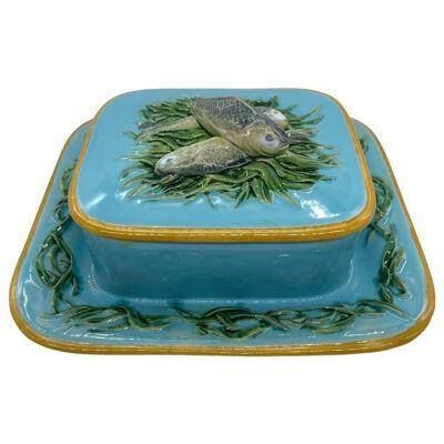 Minton Majolica Turquoise Sardine Box Server with Three Sardines, Dated 1876