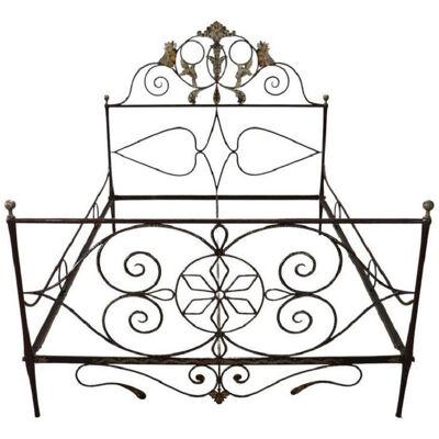 Early 19th Century Antique Iron Large Single Bed with Hand Paintings