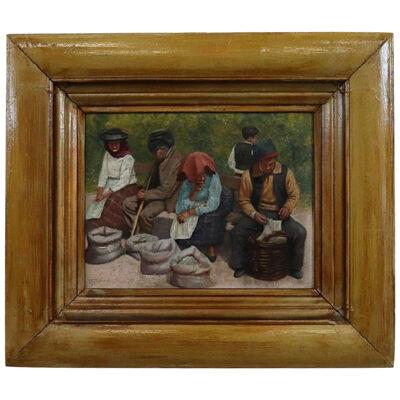 Early 20th Century Oil Painting on Board Peasant Scene, Signed