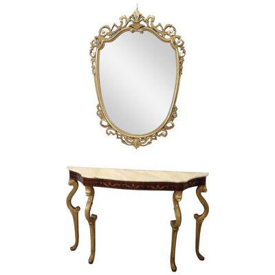 Italian Carved and Gilded Wood Console Table with Marble Top and Mirror