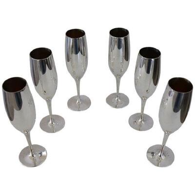 Elegant Champagne Flutes Glasses in Silver Plate, Set of Six