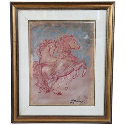 Italian Colored Crayons on Paper by Giovan Francesco Gonzaga, Horses