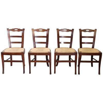 19th Century Set of Four Antique Chairs in Cherry Woood with Straw Seat