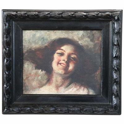 Italian Oil Painting on Board by A. Torriani Portrait of a Girl, 1910s