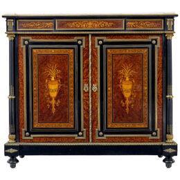 19TH CENTURY FRENCH MARBLE TOP INLAID AMBOYNA SIDEBOARD
