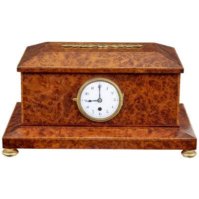 EARLY 20TH CENTURY BURR YEW DESKTOP BOX WITH CLOCK
