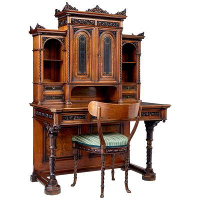 ECLECTIC 19TH CENTURY CARVED WALNUT DESK AND CHAIR