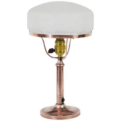 MID 20TH CENTURY COPPER AND FROSTED GLASS TABLE LAMP