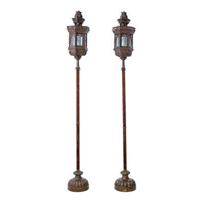 PAIR OF LATE 19TH CENTURY COPPER VENETIAN LAMPS ON POLES