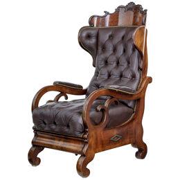 FINE QUALITY MID 19TH CENTURY FRENCH MAHOGANY AND LEATHER RECLINING CHAIR