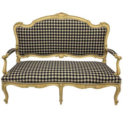 A PAINTED LOUIS XV STYLE CANAPE IN GINGHAM LINEN