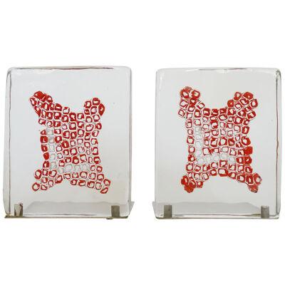Venini Murano Glass Book Ends with Red and White Murrine, Italy 1969