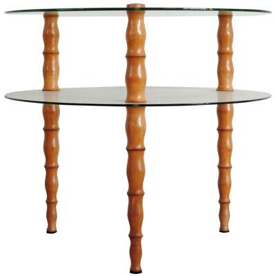 Italian 1940s Circular Two Tier Glass and Turned Wood Coffee Table