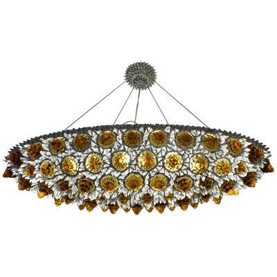 Contemporary Italian Amber Gold and Clear Glass Oval Silver Flush/Chandelier