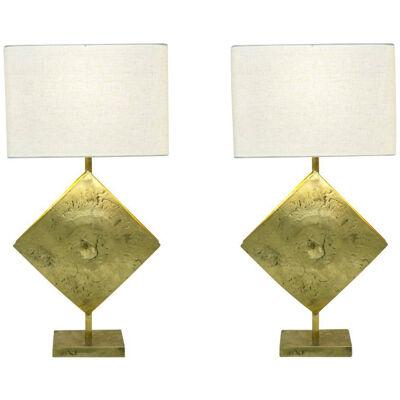 Italian Design Contemporary Pair of Brutalist Cast Bronze Double Lit Lamps