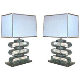 Italian Modern Pair of Nickel and Smoked Aqua Murano Glass Architectural Lamps