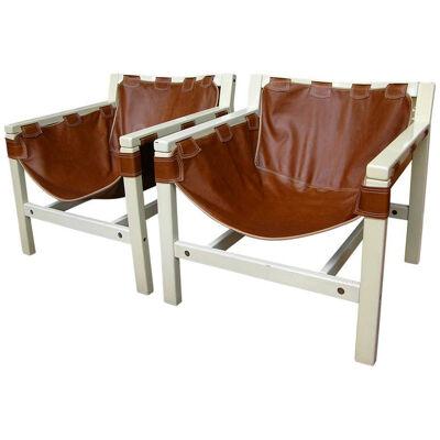 Karl Hauner for Forma Italian Safari Brown Leather Lounge Chairs, 1970s