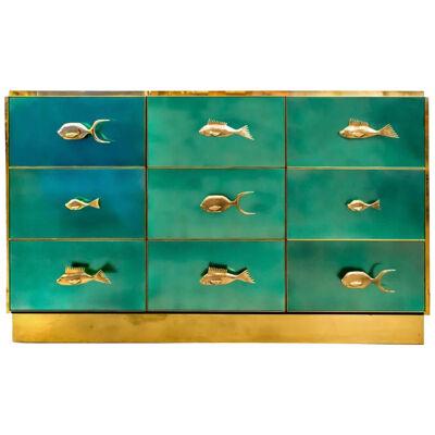 Bespoke Italian Art Design Brass Emerald Green Glass 9-Drawer Dresser Sideboard