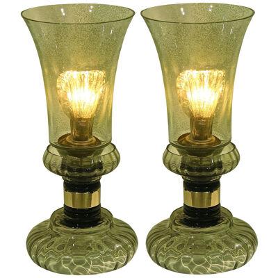 Cenedese 1970s Rare Vintage Pair of Smoked Green Murano Glass Lamps