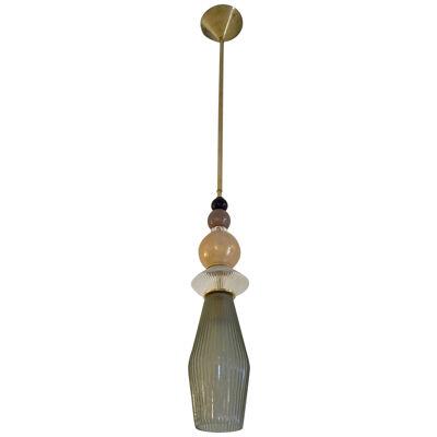 Custom Italian Crystal Gold and Gray Green Murano Glass Brass Pendant Light