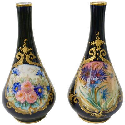 Limoges Porcelain 1930s Vintage French Pair of Cobalt Blue One Flower Vases	