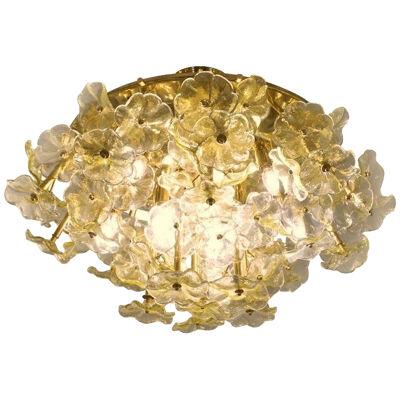 1970s Italian Buttercup Yellow Murano Glass Flower Brass Chandelier/Flush Mount