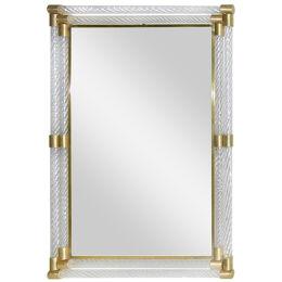 Italian Frame Twisted Crystal Murano Glass Mirror with Gold Brass Accents	