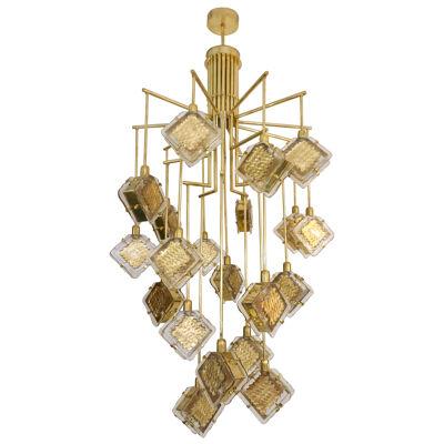 Contemporary Italian Geometric Design Gold Crystal Murano Glass Brass Chandelier