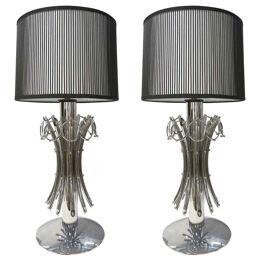 1970s Italian Vintage Tall Pair of Organic Nickel Table Lamps with Pendant Rings