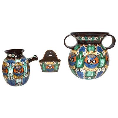 Antique Swiss Arts & Crafts Thoune Majolica Set of Vase, Jug and Holder