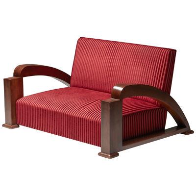 Art Deco Sofa in Red Striped Velvet and with Swoosh Armrests, France, 1940s