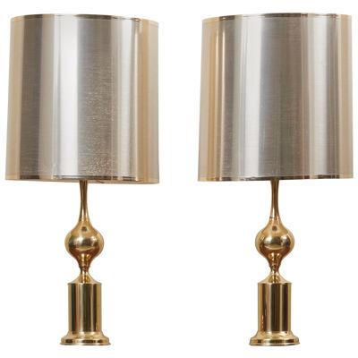 Huge Pair of Hollywood Regency Design Table Lamps in Brass with Metallic Shade	
