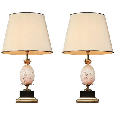 Pair of French Table or Console Lamps with Travertine Ostrich Egg