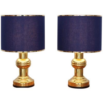 Set of Two Art Deco Style Table Lamps in Brass with Dark Blue Shades