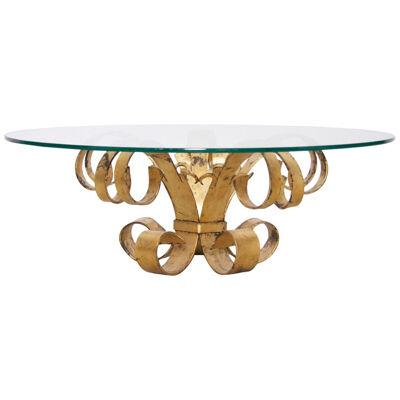Huge Hollywood Regency Gilt Wrought Iron Italian Coffee Table with Glass Top