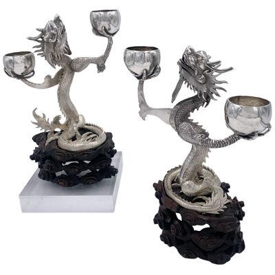 Pair of Chinese Export Silver Dragon Candelabra