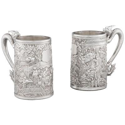 Pair of Chinese Export Silver Tankards