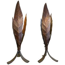 Pair of Italian Large Brass Leaf Table Lamps