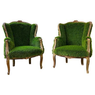 Pair of French Bergère Louis XV Style Chairs Re-Upholstered in Faux Grass