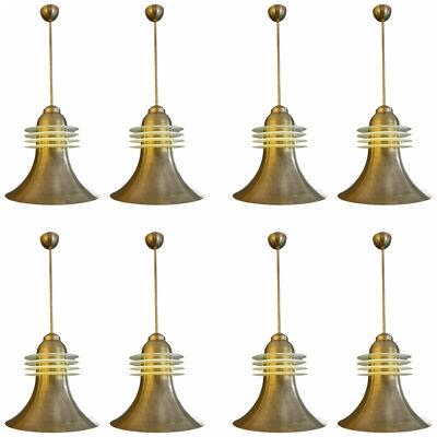A Set Of 8 Mid Century Brass and Glass Pendants 
