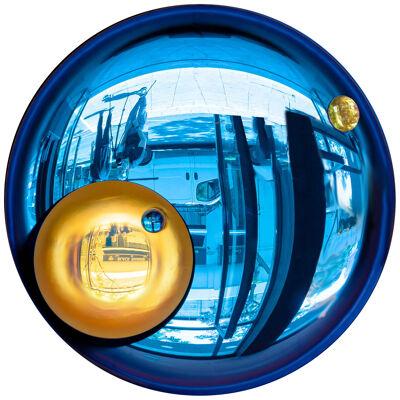 Contemporary Round Concave Mirror in Blue and Yellow Glass made in France 