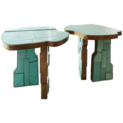 Pair of Turquoise Sidetables made in the Japanase Raku Ceramic Technique