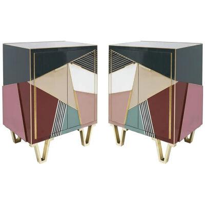 Mid-Century Modern Style Wood Colored Glass and Brass Pair of Italian Sideboards