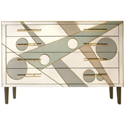 Midcentury Style Solid Wood Murano Glass and Brass Italian Commode