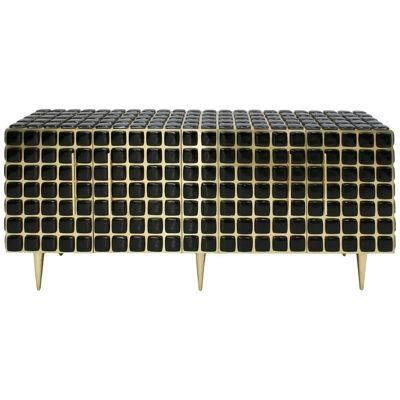 Italian Sideboard Made of Wood Brass & Decorated with Black Murano Glass Mosaics