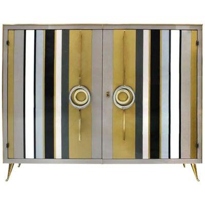 Mid-Century Modern Style Solid Wood Colored Glass and Brass Italian Commode