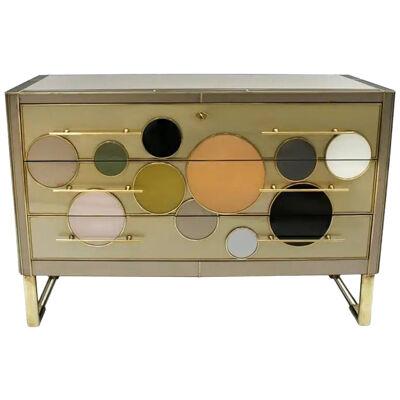 Mid-Century Modern Style Solid Wood Glass and Brass Large Italian Commode