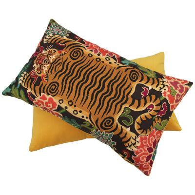 Pair of Cushions With Contemporary Jungle Print & Yellow Velvet and Cotton
