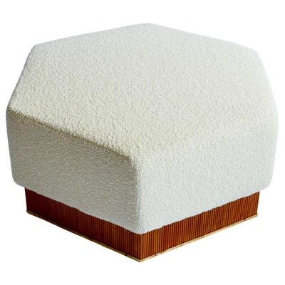 Hexagonal Pouf in Soft White Boucle with Wooden Base, Italy
